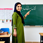 **

"A confident Urdu language teacher, fully clothed in modest traditional Pakistani clothing (shalwar kameez), standing in a modern classroom filled with diverse students. The teacher is smiling and pointing to a whiteboard with Urdu script. Safe for work, appropriate content, professional educator, perfect anatomy, well-formed hands, natural pose, family-friendly learning environment, high-quality photo."

**